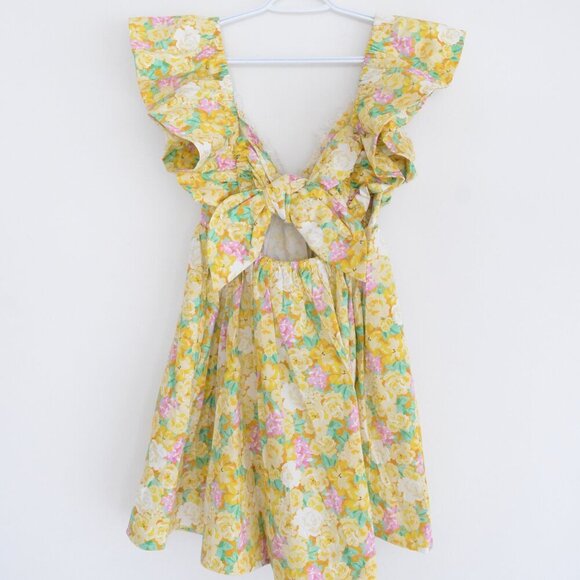 For Love & Lemons Yellow Tamra Dress with Florals & Ruffle Mini Dress M - Picture 8 of 13
